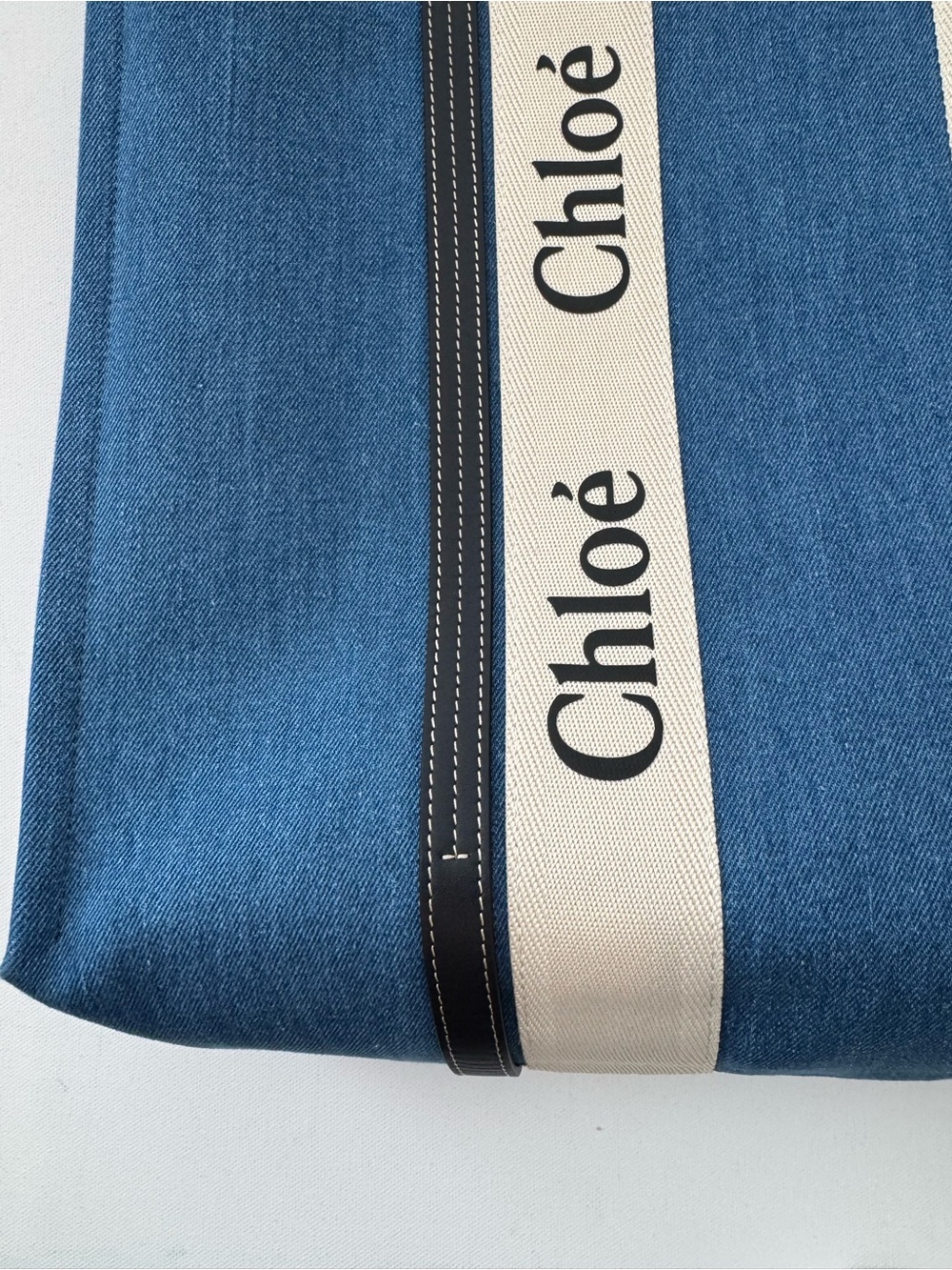 LUXE Large Woody Denim Tote Bag Blue Logo Canvas Leather Trim NEW - Picture 3 of 13